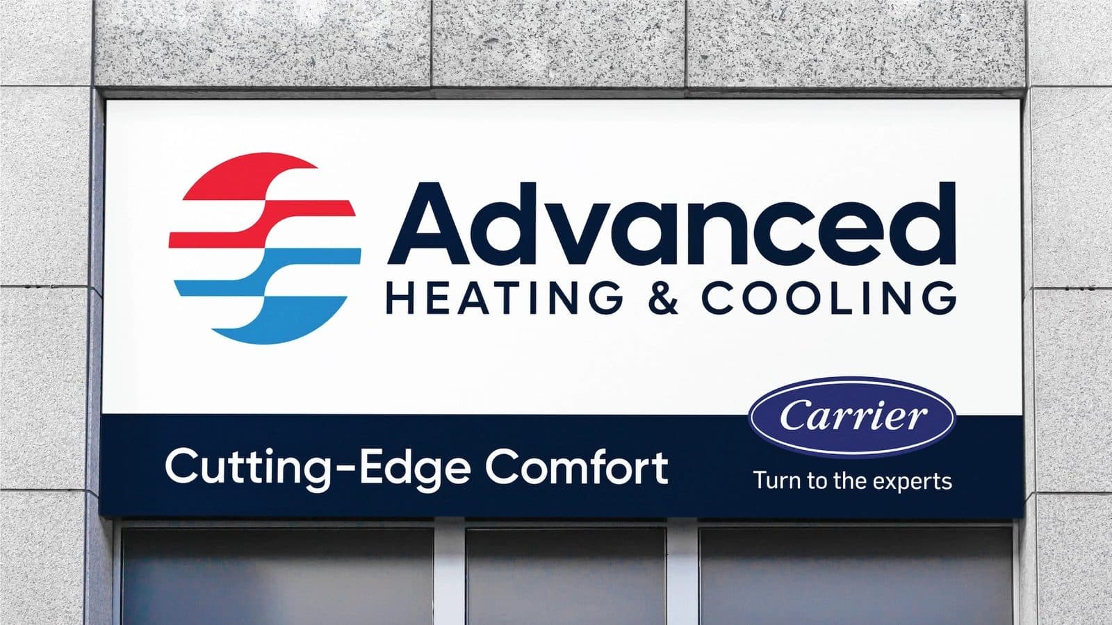 Exterior building signage reading Advanced Heating & Cooling with the new mark and the Cutting-Edge Comfort tagline