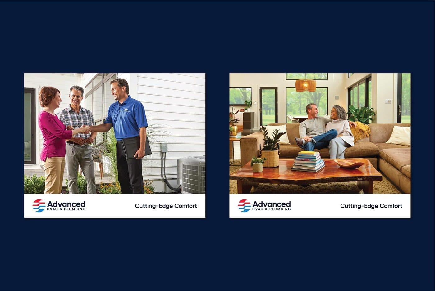 Two campaign cards: a technician greeting homeowners at the door, and a couple relaxing in a living room