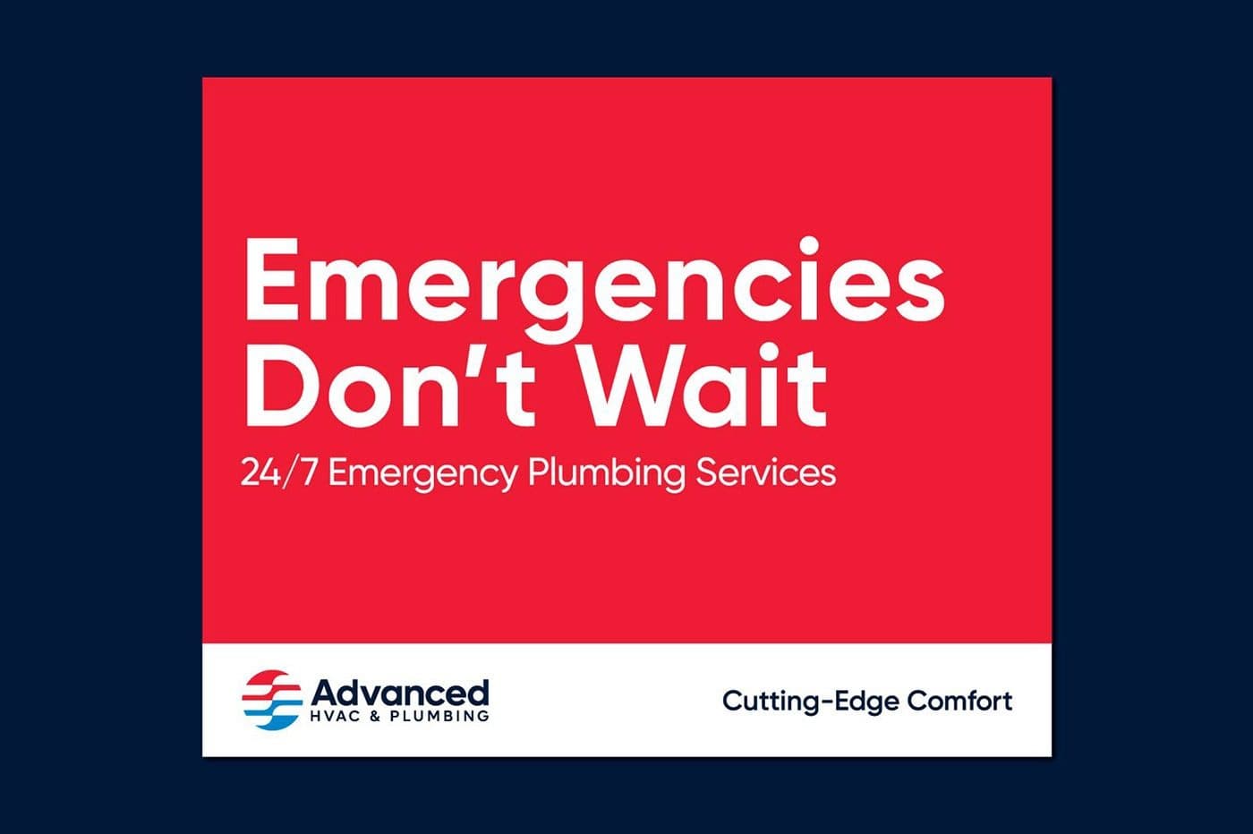 A red campaign card reading “Emergencies Don’t Wait — 24/7 emergency plumbing services”