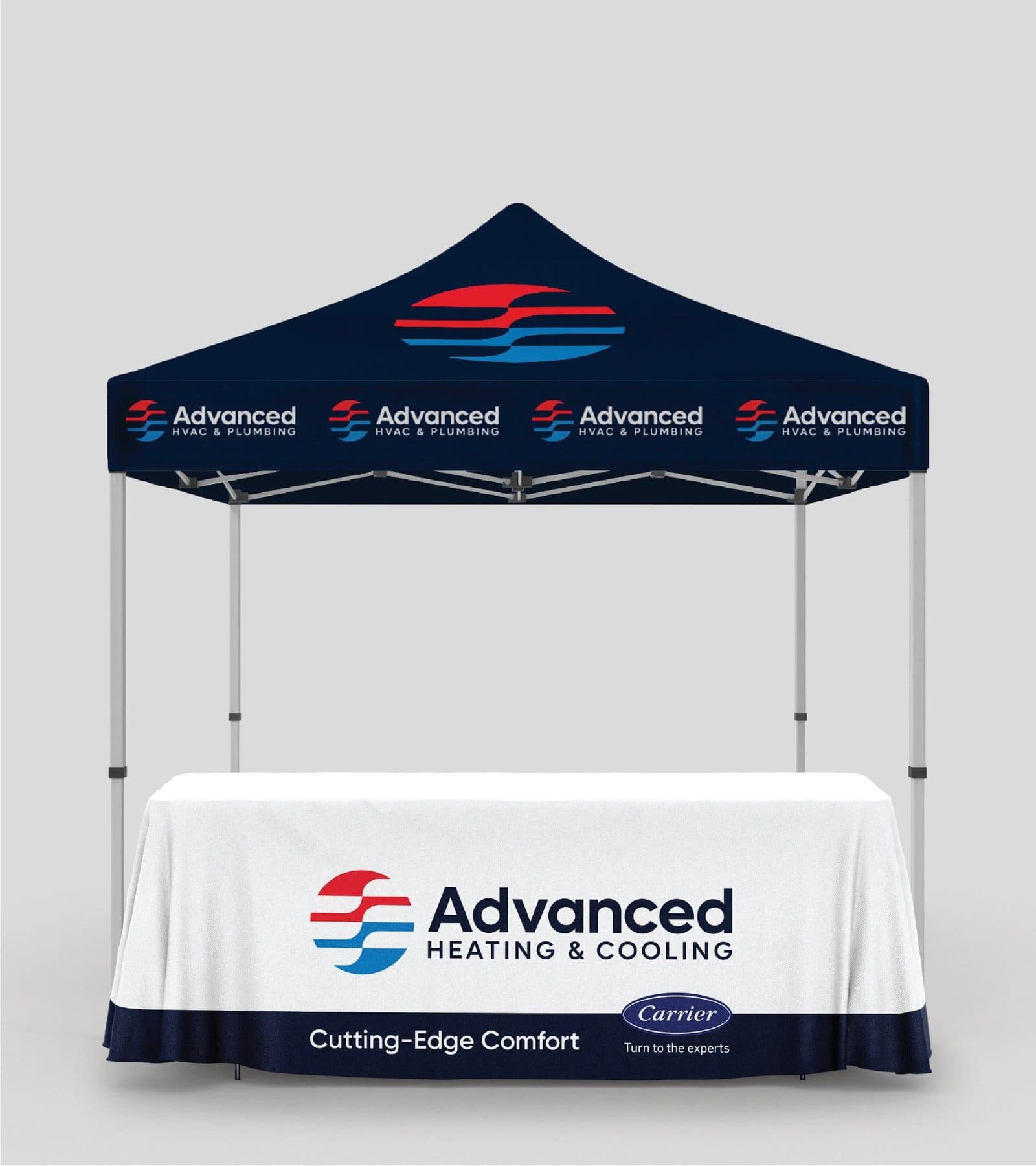 A branded pop-up canopy and skirted table set up for a community event