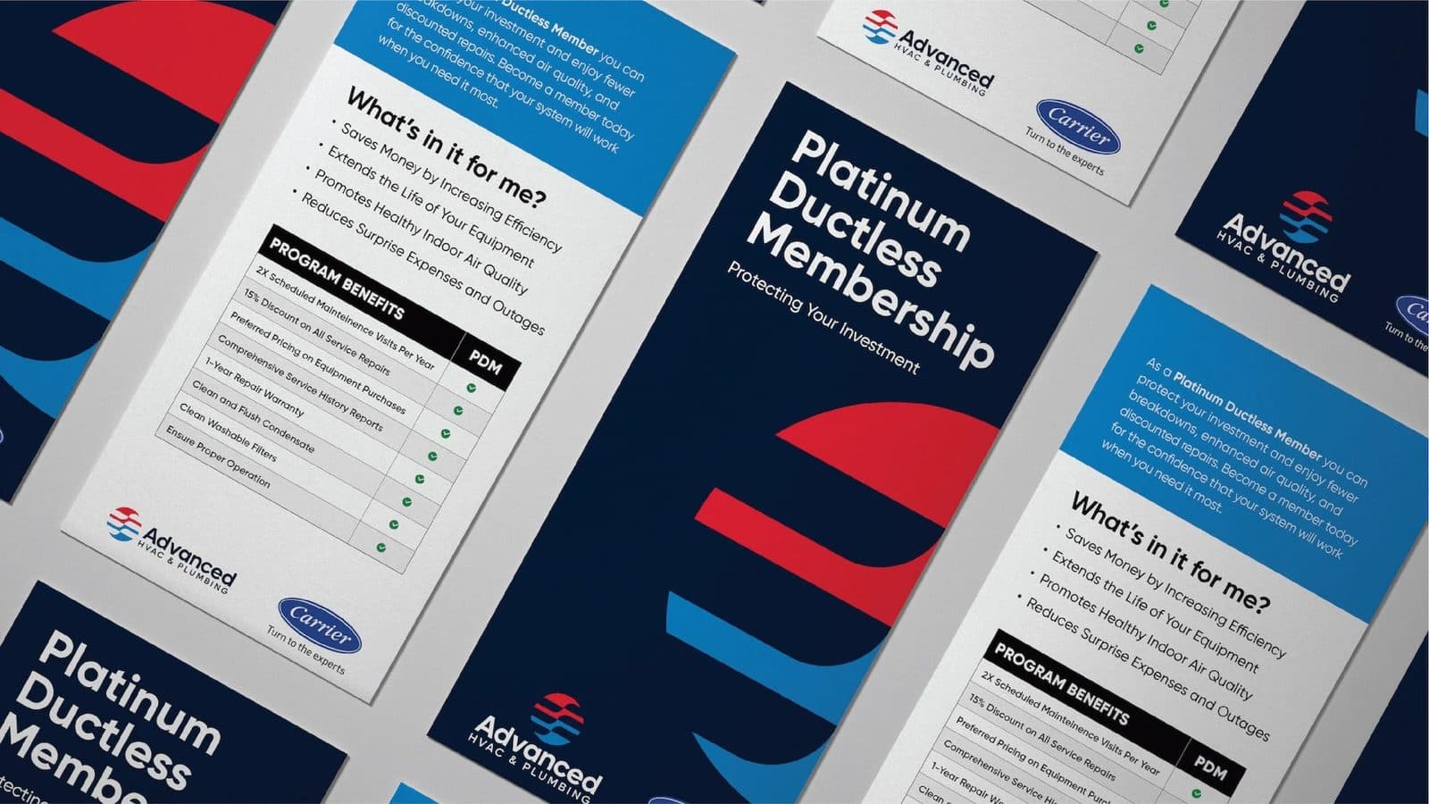 Platinum Ductless Membership leaflets fanned out, showing the programme benefits table