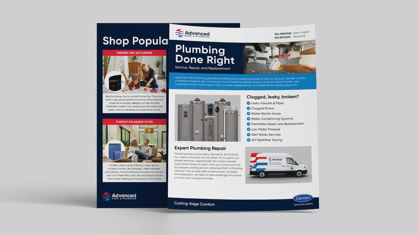 Two plumbing sell sheets, one headed “Plumbing Done Right — service, repair and replacement”