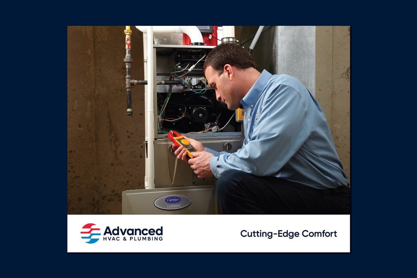 A campaign card showing a technician servicing a furnace, under the Cutting-Edge Comfort tagline