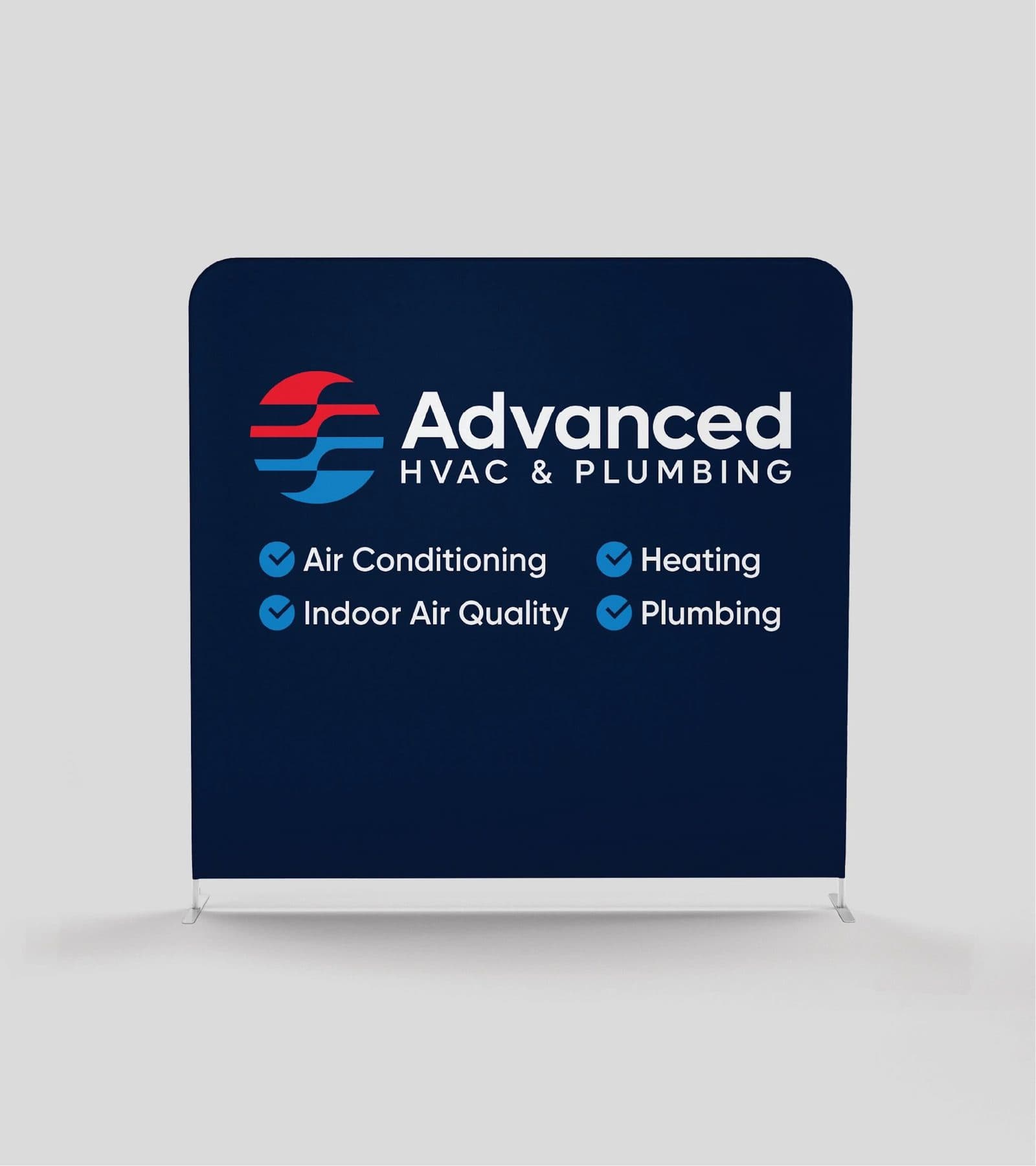 A trade show backdrop listing air conditioning, heating, indoor air quality and plumbing