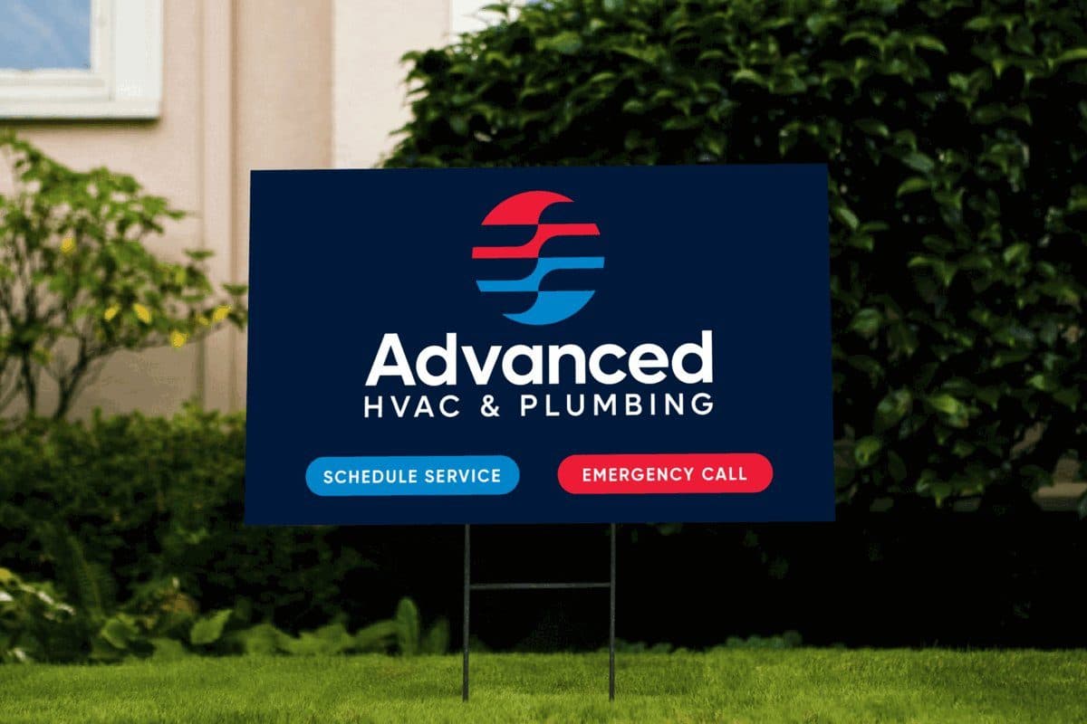 A navy lawn sign with the Advanced HVAC & Plumbing lockup and Schedule Service and Emergency Call buttons